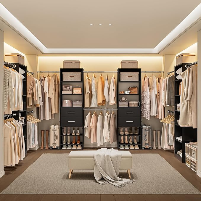 W2 Closet System with 2 Drawers, 3.5FT-7.7FT Closet Organizer System with 4 Chrome-Plated Telescopic Rods & 5 Adjustable Shelves, Custom Wood Walk-In Closet Clothing Rack, Black