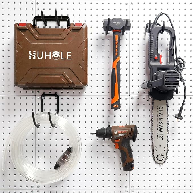 HUHOLE 8 Pack Pegboard Drill Holder Utility Hooks for 1/4 Inch Pegboard | Tool Holders with 20 lb Capacity for Power Tools, Hammers, Cords, Hoses, Shovels, Brooms and Garage Storage