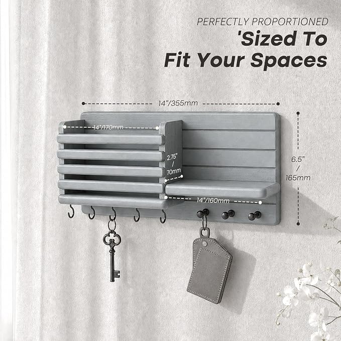Rebee Vision Key Holder Wall Mount with Mail Slot for Room Decor, Gray | Pine Wood, Key Holder for Wall, 8 Key Hooks, Mail Organizer, Round Corner, Home Improvement, key Hanger Apartment Aesthetic