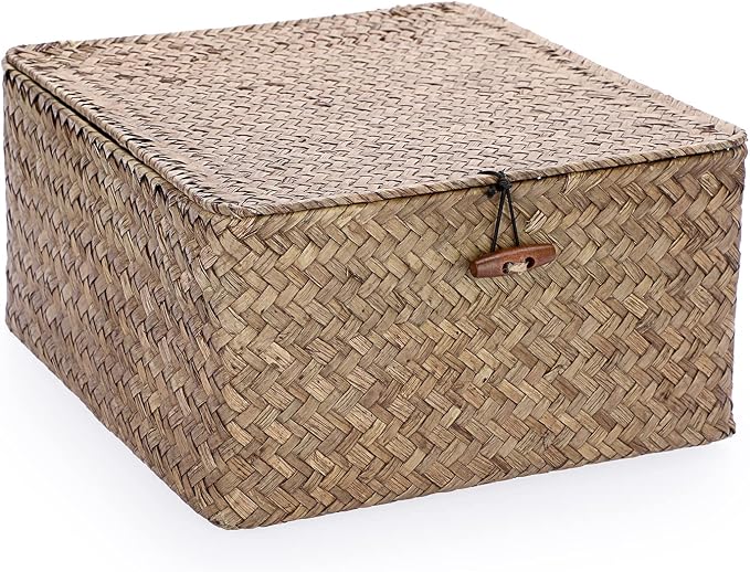 Hipiwe Wicker Shelf Baskets Bin with Lid Handwoven Seagrass Storage Basket Container Square Multipurpose Household Basket Boxes for Shelves and Home Organizer, Coffee Large