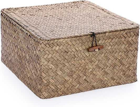 Hipiwe Wicker Shelf Baskets Bin with Lid Handwoven Seagrass Storage Basket Container Square Multipurpose Household Basket Boxes for Shelves and Home Organizer, Coffee Large