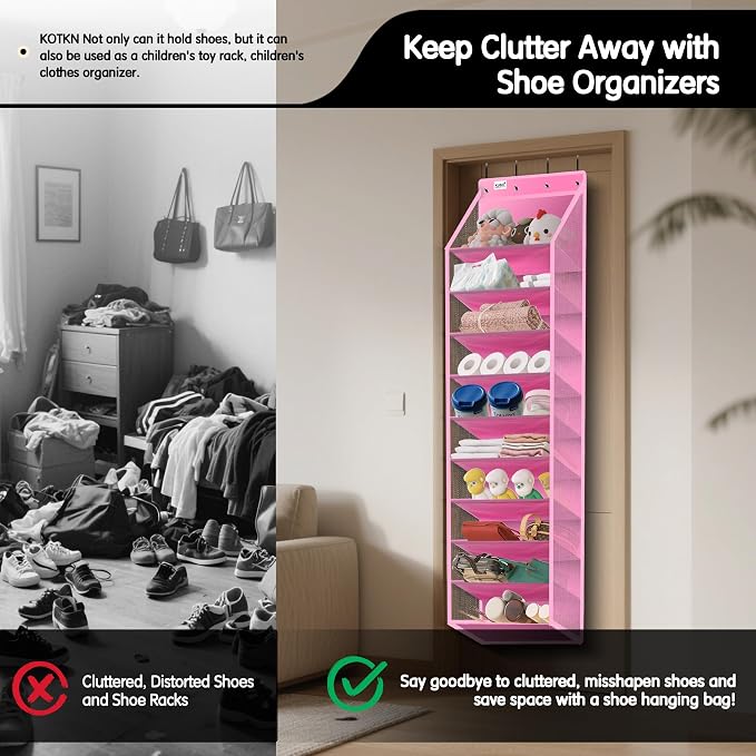 Kotkn 10 Tier Over The Door Organizer - Heavy Duty Hanging Storage Rack with Sturdy Oxford Fabric, Holds 20+ Pairs of Footwear, Boots & Sneakers, Saves 50% Closet Space! (Pink)