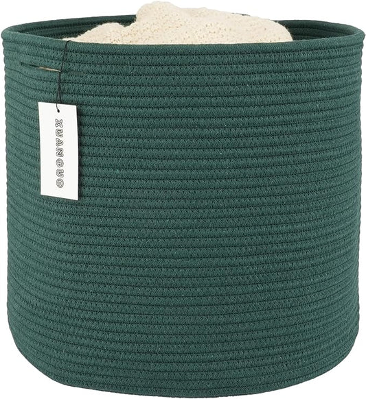 XUANGUO Cotton Rope Basket For Girls Boys Kids 16”X14” dark green | Baby Laundry Baskets, Blanket Basket, Nursery Bin; Round Woven Basket Organizer for Toy Storage, Blankets, Shoes and Clothes