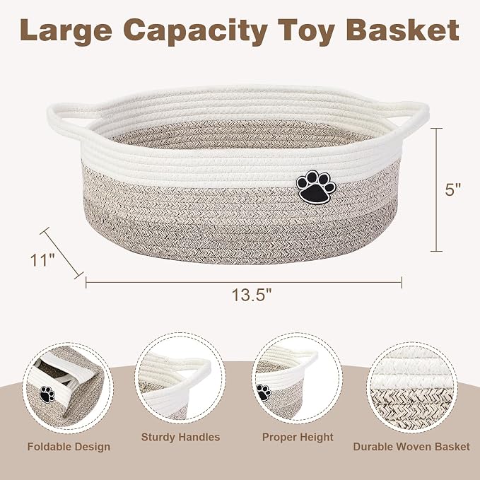 Optish Dog Toy Basket, Toy Box and Bin for Dog Cat Storage, 13.5" X 11" X 5" Small Woven Rope Basket for Baby Storage, Closet, Living Room, White & Brown