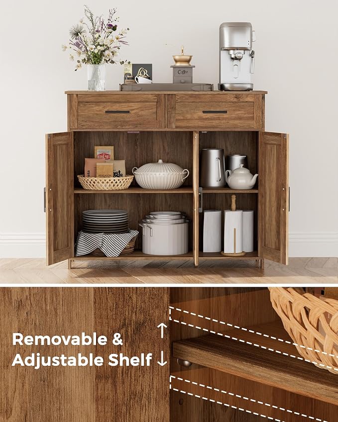 Homhedy Coffee Bar Storage Cabinet with Drawers, Kitchen Buffet Cabinet | Sideboard Cabinet with Doors, Farmhouse Buffet Cabinet, Adjustable Shelves, for Kitchen / Dining / Living Room, Rustic Walnut