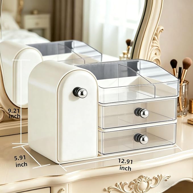 Makeup Organizer with Makeup Brush Holder, 2 Drawer, White | Vanity Desk Organizer with Brush Holder, Compact Countertop, Cosmetic Storage for Lipsticks, Perfumes, Eyeshadow Palettes