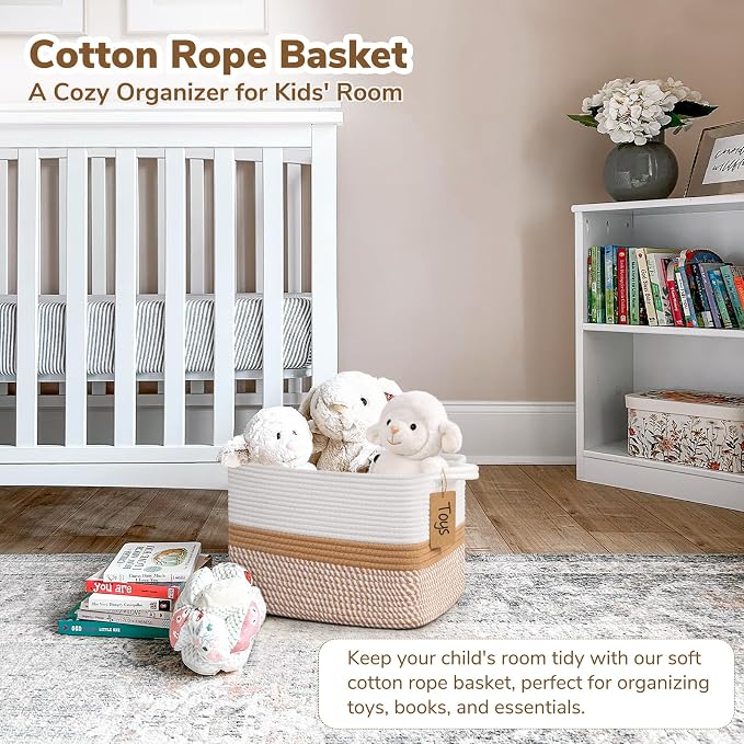 Goodpick Small Woven Rope Storage Basket, White & Camel Mix | 13 × 10 × 9 in, Cotton Rope, Reinforced Handles, Dog Toys, Books & Magazines Storage, Home Decor