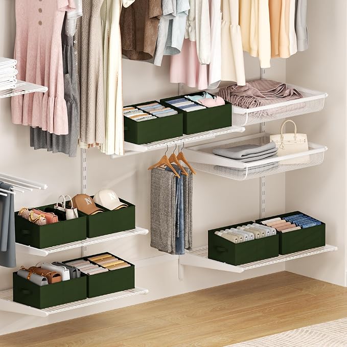 DIMJ Large Closet Shelf Organizer Bins 6 Packs with Handles and Divider, Fabric Trapezoid Storage Baskets, Foldable Clothes Containers Box for Shelf, Towel, Book, Toy, Purse, Hats, Green