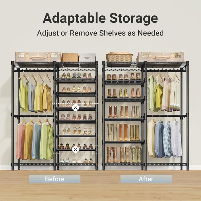 VIPEK S2 Clothes Rack with 8-Tier Shoe Rack, Metal Closet Rack, Black | Freestanding Clothing Rack with 2 Hanging Rods, Adjustable Shelves, Heavy Duty Walk-In Closet Organizer for Entryway/Bedroom