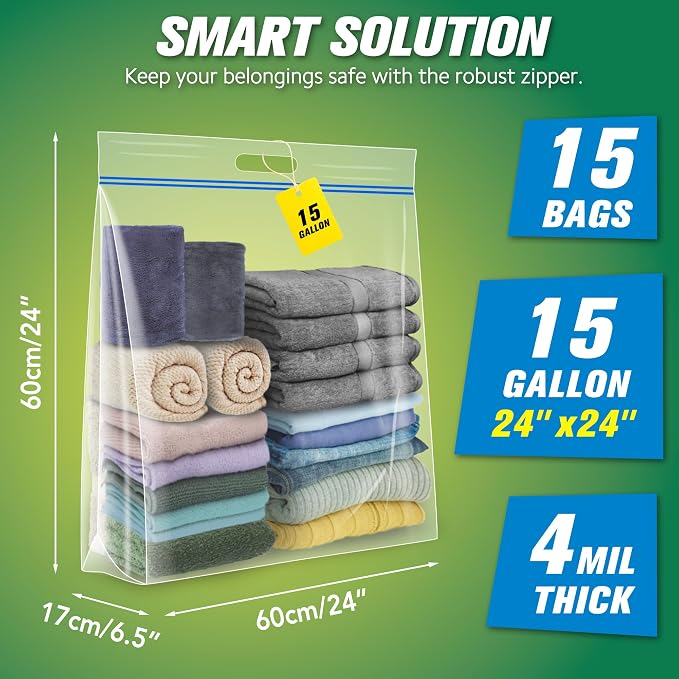 HIBAG 15 Gallon Large Storage Bags, 24” x 24” Resealable Clear Bags with Handle, Extra Large XL Heavy Duty for Clothes Pillow Travel Moving, Pack of 15