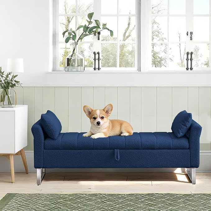 66" Storage Bench for Bedroom Upholstered End of Bed Bench King Size Blue | Long Bedroom Benches for Foot of Bed King,Teddy Storage Bed Bench with Gold Legs,2 Pillows for Entryway Windows Cloakroom