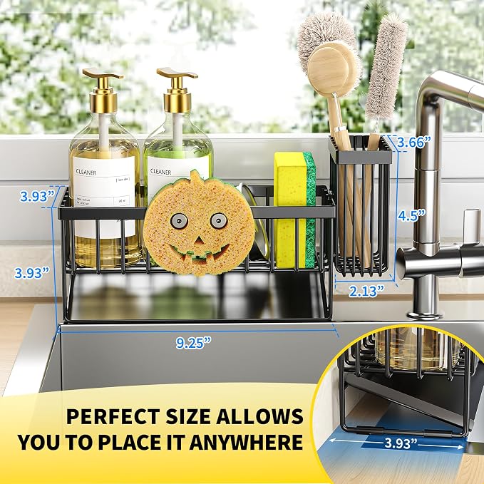 Cisily Kitchen Sink Caddy Organzier with High Brush Holder, Sponge Holder for Sink, 304 Rustproof Stainless, Kitchen Countertop Soap Dispenser Organizer (Black With Smiley Face Holder, 9.25″)