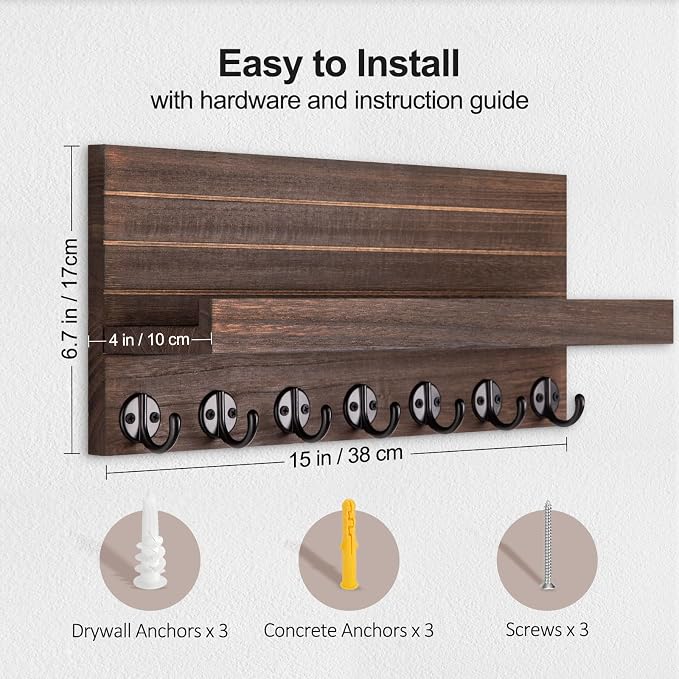 Lwenki Key Holder Wall Mount, Entryway Key and Mail Holder with 7 Sturdy Hooks for Sunglasses, Dog Leash, Decorative Wall Shelf with Mounting Hardware, 15”W x 6.7”H x 4.2”D (Brown)