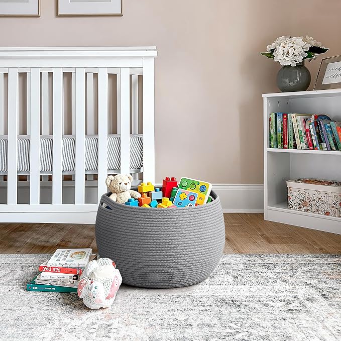 Goodpick Large Woven Storage Basket with Handles, 15.7" x 10.5", Grey | Round Toy Storage for Kids, Cotton Rope Basket for Nursery Living Room, Holds Blankets, Toys & Baby Shower