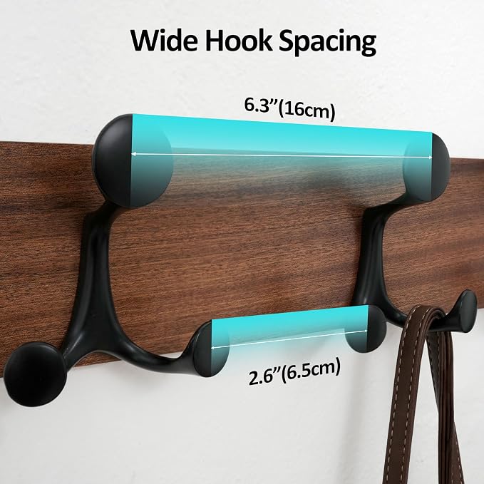 WEBI Coat Rack Wall Mount,24" Solid Wood Coat Hooks Wall Mounted Coat Hanger,16" Hole to Hole,Heavy Duty 4 Triple Hooks for Hanging Coats,Jacket,Hat,Backpack,Farmhouse,Reddish Brown,2 Packs