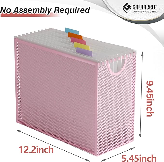 Letter-Size Hanging File Organizer (Pink, with 5 Grey Folders) | File Holder Filing Box for Desk, Metal Mesh Desk File Folder Storage for Office(No Assembly Required)