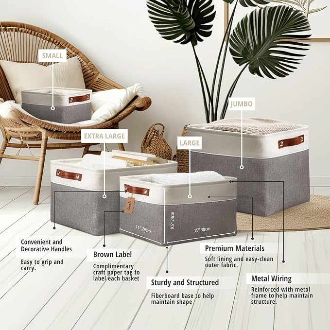 DECOMOMO Storage Bins, Large Fabric Storage Baskets for Shelves 3 Pack | 15 x 11 x 9.5 inches Decorative Linen Closet Organizers (Slate Grey & White)