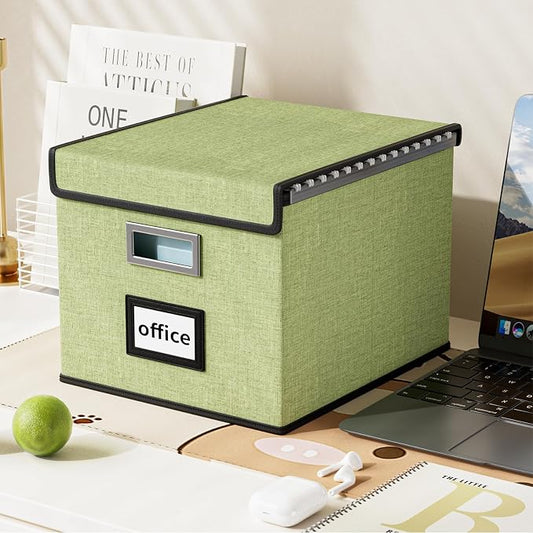 File Organizer Box with Lids, Collapsible File Folder Organizer | File Box with Plastic Slides for Office Document Storage, Filing Bin for Letter Size Hanging File Folders (1 Pack, Green)