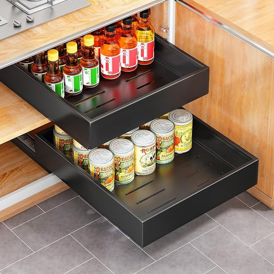 4 Pack Pull out Cabinet Organizer, 21"Deep, Heavy Duty Full-extension Slide out Drawers for Kitchen Cabinet, Roll out Shelf Storage with Nano Adhesive for Pots, Bathroom, Pantry, Home, Black