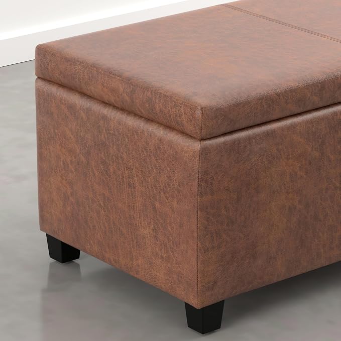 SIMPLIHOME Avalon Storage Ottoman Bench - 48" Wide x 16" High Upholstered Vegan Leather Rectangular Lift-Top Ottoman in Distressed Pecan Brown, Contemporary Storage Bench with High-Density Foam