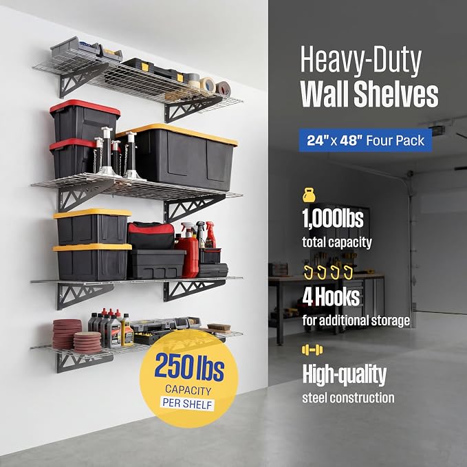 SafeRacks Steel Garage Wall Shelves 4-Pk w/Hooks, 500lb, Hammertone (24x48)