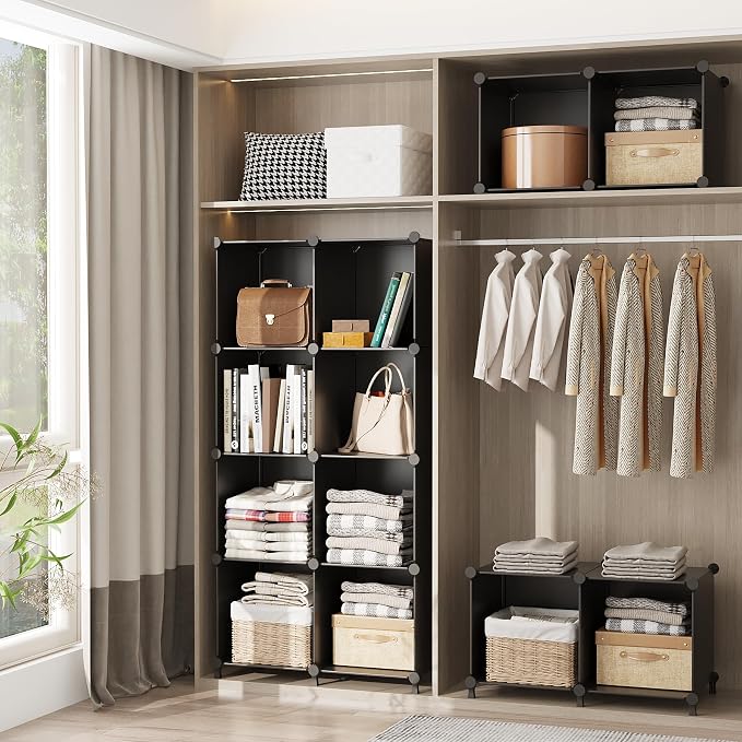 AWTATOS 8 Cube Storage Organizer, Closet Organizer Storage Shelf, Black | DIY Stackable Storage Cubes Shelves for Closet, Bookcase Bookshelf, Plastic Shelving for Bedroom, Home Office