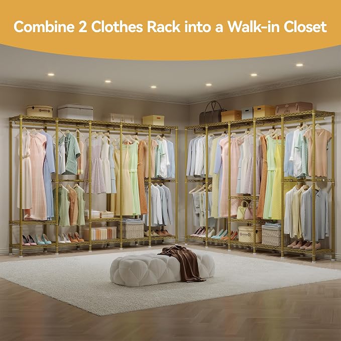Higeego H5 Heavy Duty Clothes Rack, Freestanding Clothing Rack, Gold | 93.3"Wx15.7"Dx75.4"H, Large Garment Rack, Freestanding Clost Rack for hanging clothes, with Adjustable Shelf, Load 1400 lbs