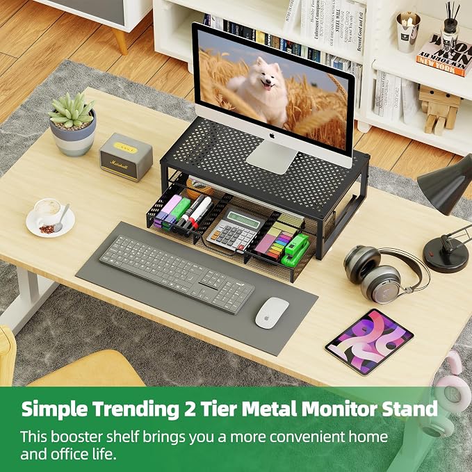 Simple Trending Metal Monitor Stand Riser and Computer Desk Organizer with Drawer for Laptop, Computer, iMac, Black | 16"W x 10"D x 6.25"H. Sturdy Metal Frame. 2-tier + drawer. Holds 66 lbs. Anti-slip. Fits laptop, monitor, iMac. Easy assembly