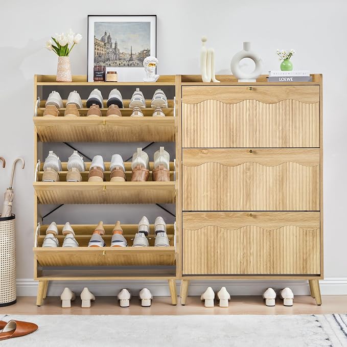 BERRYMERRY 51.2" Tall Shoe Storage Cabinet with 3 Flip Drawers for Entryway | narrow,entryway,adjustable feet,24 pairs shoe,shoe organize,hidden shoe rack,fluted panel,wave pattern,wood,space saving