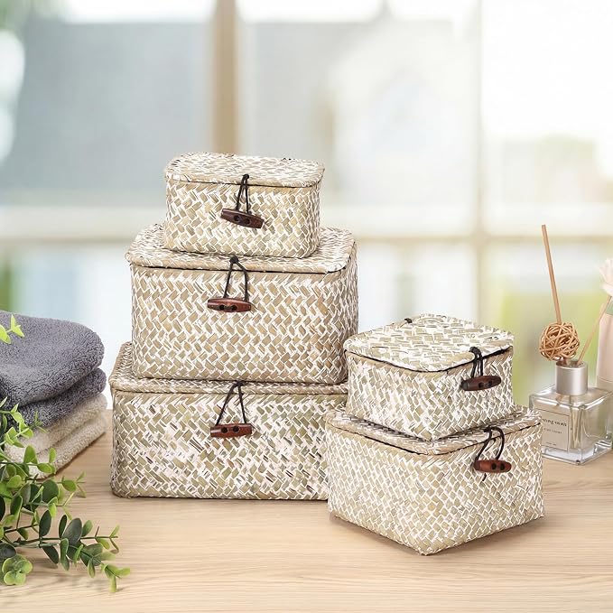 Hipiwe Wicker Shelf Basket Box with Lid Decorative Basket Handwoven Seagrass Storage Organizer Basket Decorative Basket, Whitewas 4.3" x 2.5" x 2.1"