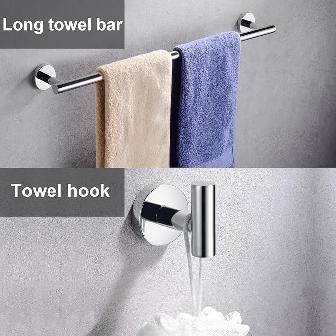 5 Pieces Polished Chrome Bathroom Hardware Accessories Set, SUS304 Stainless Steel 24 Inch Bath Towel Bar Set, Round Bathroom Towel Holder Set, Towel Racks for Bathroom Wall Mounted