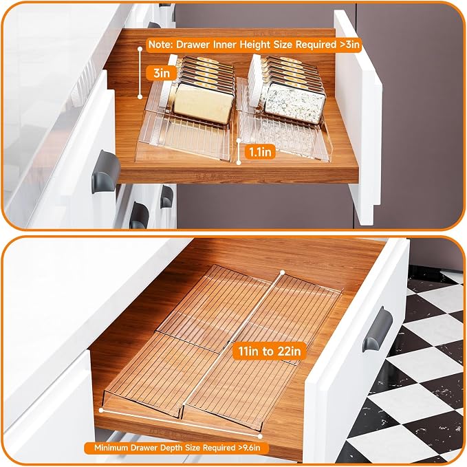 4 Pack Adjustable In Drawer Spice Organizer - Expandable From 11'' to 22'' - Acrylic Drawer Seasoning Organizer,Clear Spice Organization Tray for Cabinet Drawers Condiment,Nail Polish and Jar