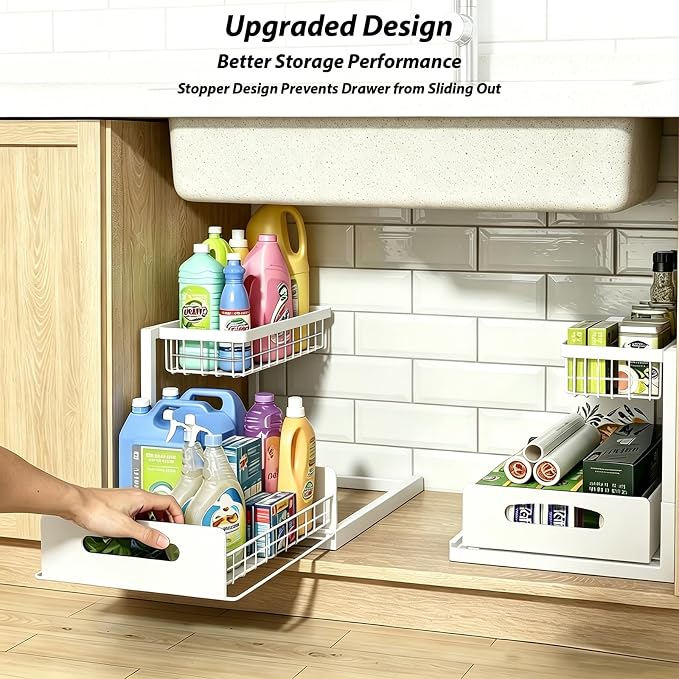 2 Pack Upgraded Under Sink Organizer, 2 Tier Pull out Kitchen Cabinet Organizer Metal Slide out Bathroom Organizers and Storage Makeup Drawer Organizer for Office Bedroom Restroom Living Room, L-White