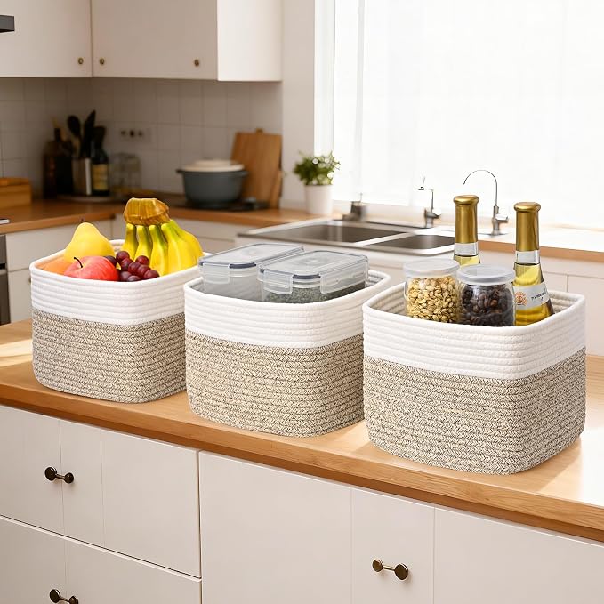 3 Pack Cube Storage Bin, 9”x9”x7” Cotton Rope Woven Baskets for Organizing Toys Clothes Towels, Square Gift Storage Baskets for Shelves, Nursery, Closet, Bathroom, Pantry (White & Jute)