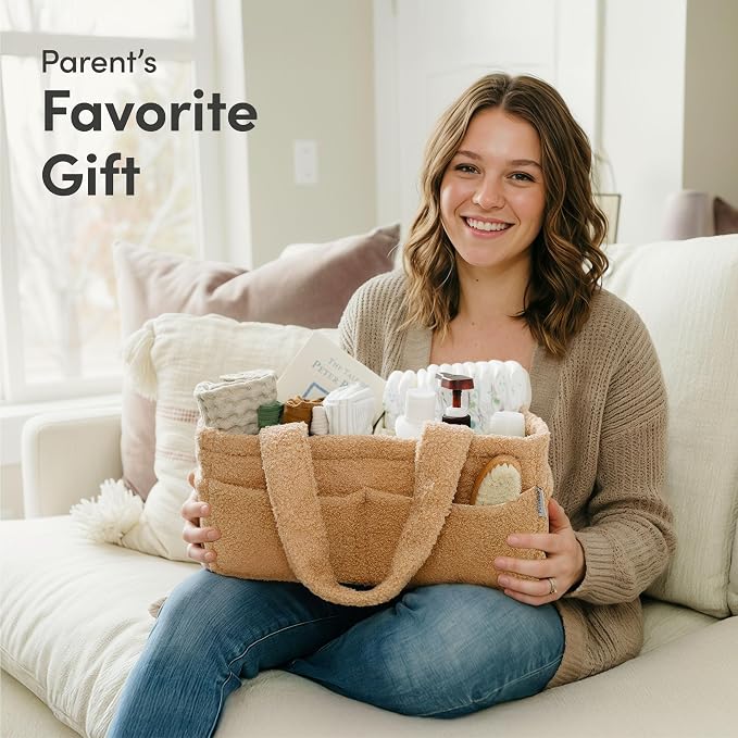 PUTSKA Baby Diaper Caddy Organizer, Nursery Basket, Brown Fleece
