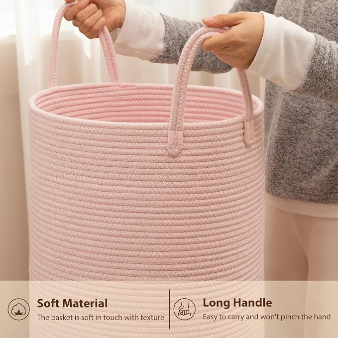 OIAHOMY Large Laundry Basket Hamper - 80L Cotton Rope Woven Basket for Blankets, Toys, Clothes - Tall Decorative Nursery Hamper with Long Handles, Pink