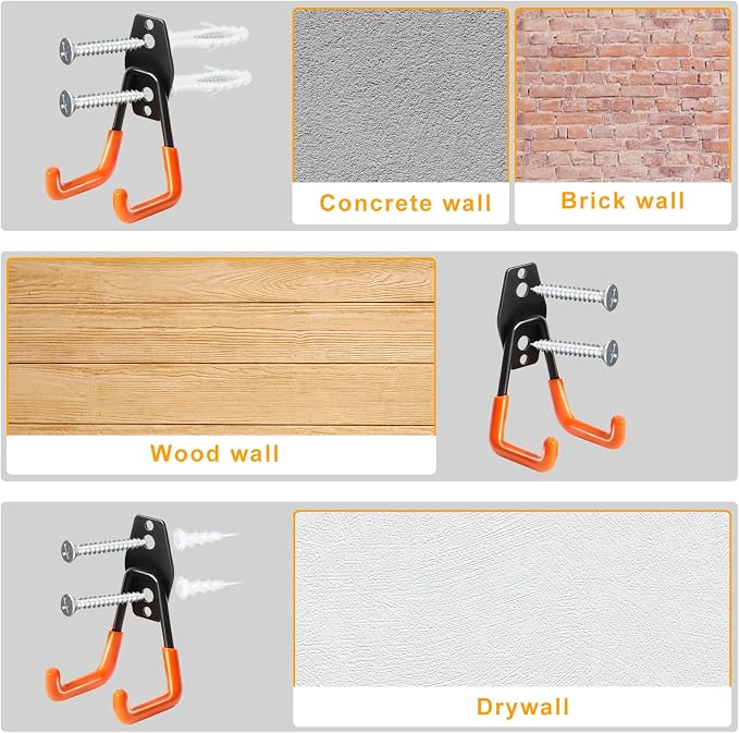 KURUI Heavy Duty Wall Hook for Hanging, 2 Pack Garage Tool Organizer Wall Mount, Metal Garage Storage Hooks for Ladder,Extension,Garden Tool, Small Utility Hook, Hose Holder for Outdoor and Indoors