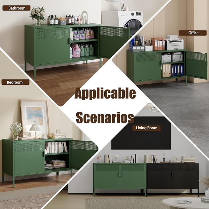 Metal Storage Cabinet with 2 Doors & Adjustable Shelves, Green | 25"H Accent Cabinet, Metal Locker Storage Cabinets, TV Stand Cabinet for Home, Office, Living Room, Entryway