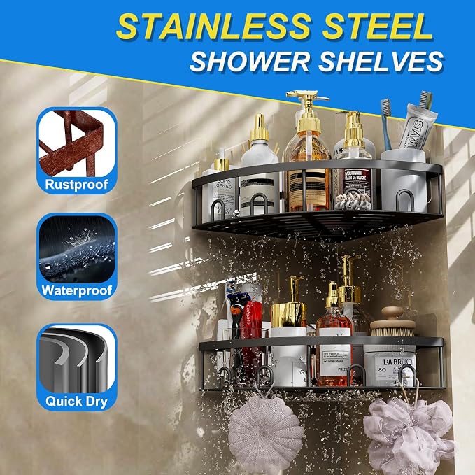 Corner Shower Caddy,Black-Stainless Steel,2 Pack | NEVER RUST Bathroom Shower Corner Shelves with Adhesive,Rustproof Shower Organizer,No Drilling