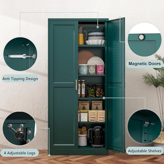 71" Tall Green Metal Storage Cabinet with Doors, Heavy Duty | Freestanding Steel Kitchen Pantry Cabinet, 4 Adjustable Shelves (180 Lbs Load), Tall Cabinets for Home, Laundry and Bathroom