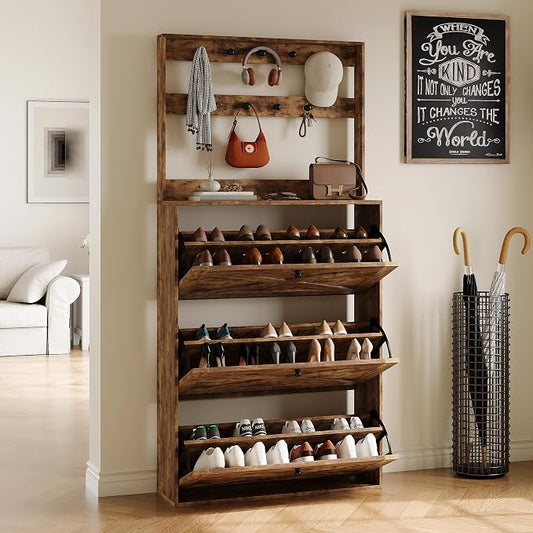 HOPUBUY Shoe Cabinet for Entryway, Narrow Shoe Storage with 3 Flip Drawers | Wood Slim Shoe Rack, 3 Tier Thin Shoe Organizer for Home and Apartment,Rustic Brown