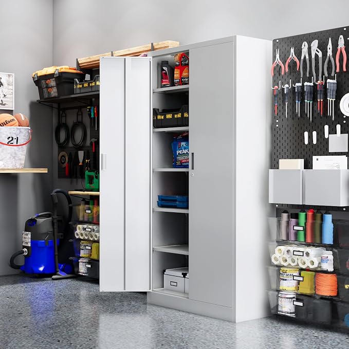 CJF 71" H Metal Storage Cabinet, Locking Cabinet with 2 Doors and 5 Adjustable Shelves, White Tall Cabinet for Garage, Home, Office, Pantry, Workshop, School