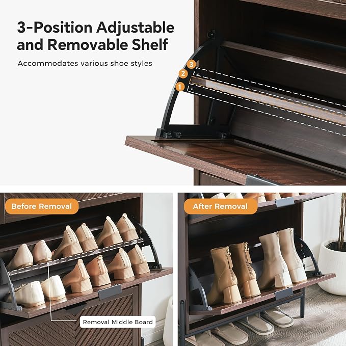 Shoe Cabinet with 2 Flip Drawers, Narrow Entryway Rack, Brown | Slanted Wood Grain, Freestanding, Adjustable Compartments, Removable Middle Shelf, Metal Handles, for Hallway Foyer Entrance