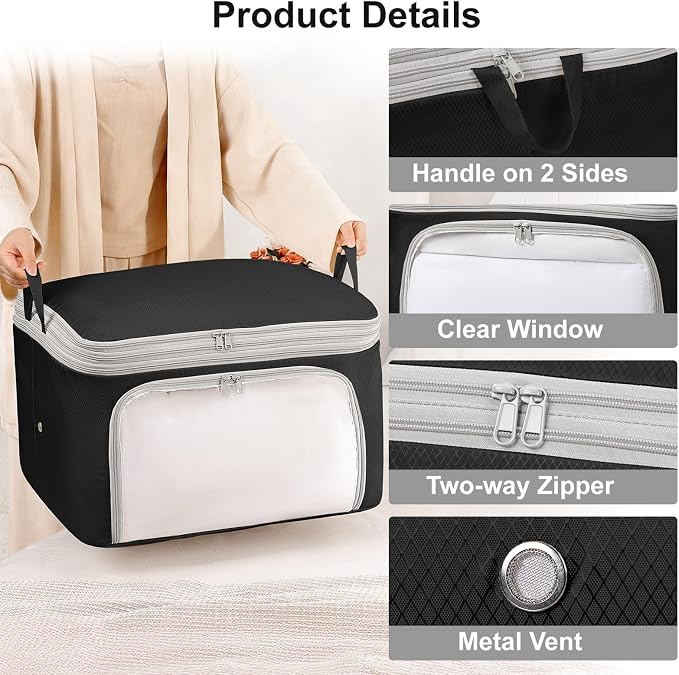 Comforter Storage Bag - 130L Blanket Storage Bags Front-opening Ultra Space Saving Self Compression Organizer, Washable Compression Bags for Storage Comforter Blanket, 2 Pack, Black