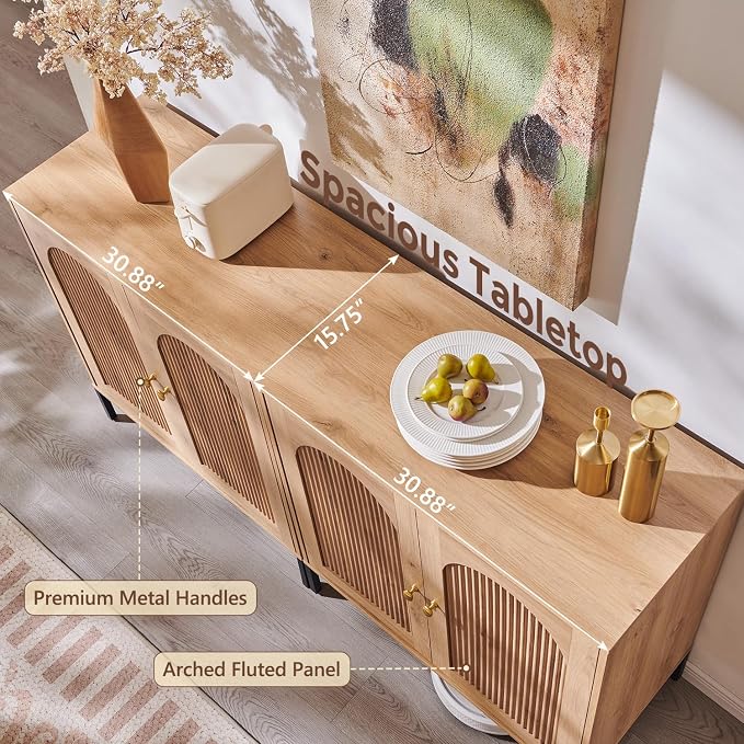 IFGET 61.75" W Modern Arched Sideboard Buffet Cabinet with Storage, Natural | Fluted Arch Sideboard Cabinet w/Adjustable Shelves, Wooden Modular Kitchen Cabinet for Dining& Living Room, Entryway