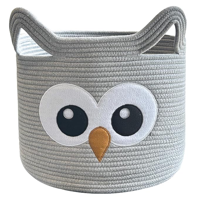 VK VK·LIVING Owl Storage Basket for Gift Foldable Cute Nursery Animal Toy Basket with Handles, Large Cotton Rope Baby Laundry Storage Organizer for Blanket Towels in Living Room Bedroom 15"Lx14"H
