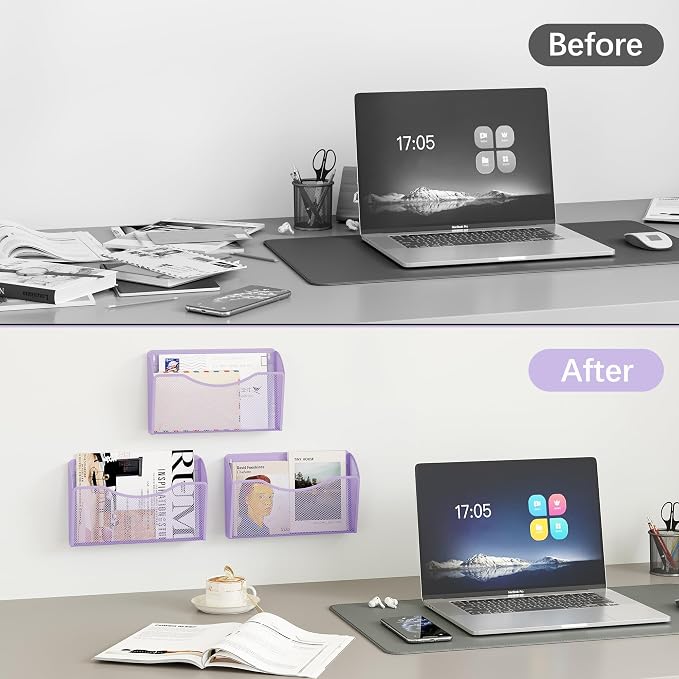EasyPAG 3 Pack Wall File Organizer, Metal Mesh Hanging File Folder Holder for Letter/A4 Size Folders, Vertical Wall Mount Mail Sorter for Office Paperwork, Classroom, Purple