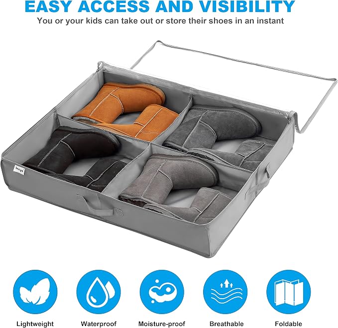 Under Bed Shoe Storage Organizer Set of 2, Fits 16+4 Pairs Boots Total, Underbed Shoe Box Storage Containers w/ Reinforced Handles, Clear Foldable Shoes Organizer Adjustable Dividers w/ Bottom Support