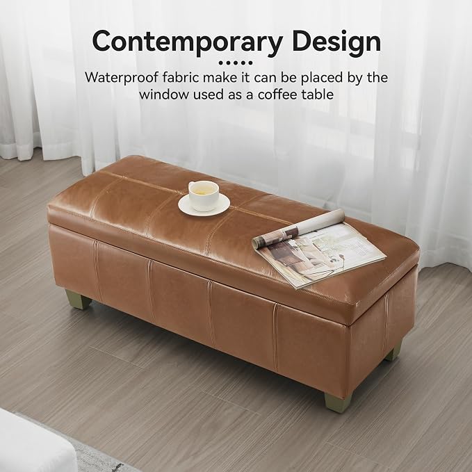 WUTUTUEE 41" Faux Leather Storage Ottoman, Stitch Tufted Rectangle Upholstered End of Bed Storage Bench, Entryway Large Couch Ottoman with Wooden Legs, Light Brown