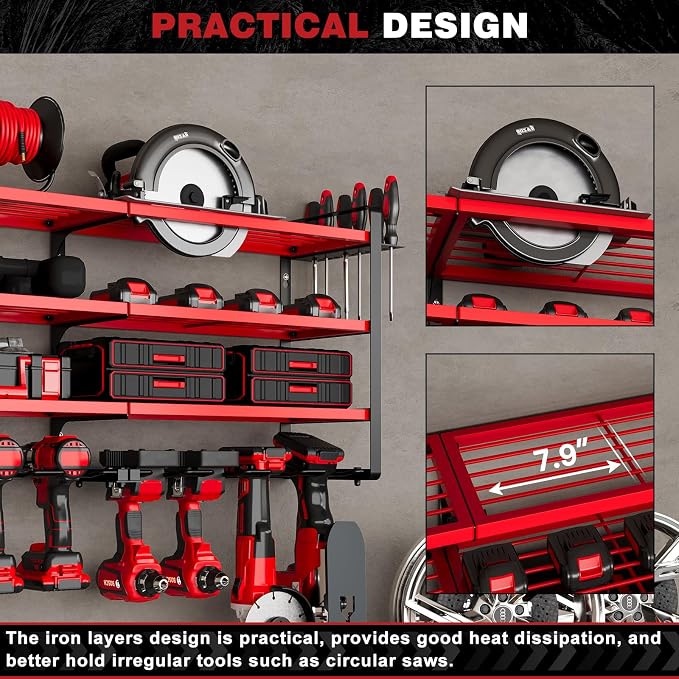 NattyDot Power Tool Organizer Wall Mount, 48-Inch 12 Drill Holders, Red | Extra-wide 48-inch Heavy-duty Wall Rack Stores 12 Cordless Drills and Assorted Tools, Maximizing Garage and Workshop Storage